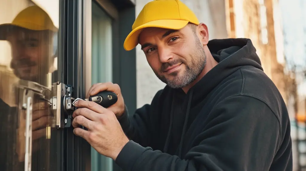 En låstekniker i svart hoodie och gul keps arbetar med att installera eller justera ett dörrlås. Han använder specialverktyg vid en glasdörr, vilket tydligt visar hans yrkesroll inom säkerhet och låsservice. Reflektionen i glaset förstärker fokus på arbetet.