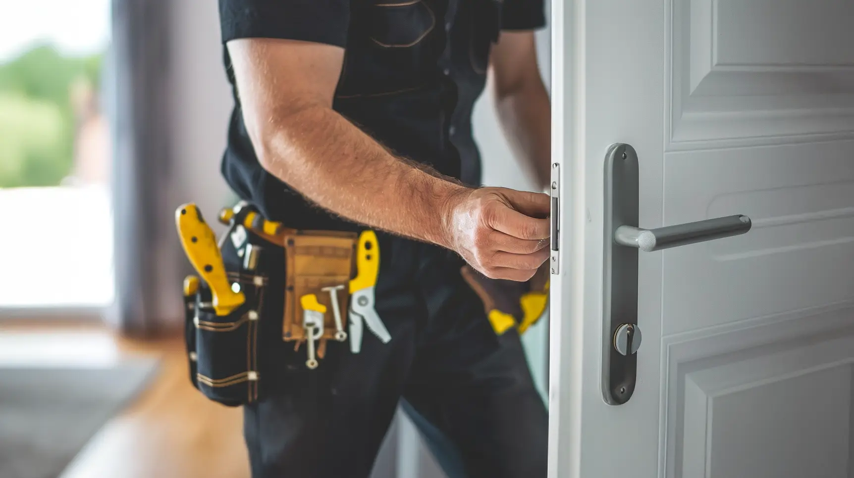 En låstekniker arbetar med att justera eller installera ett dörrlås på en vit innerdörr. Han bär ett verktygsbälte fullt med specialverktyg och arbetar noggrant i ett bostadsutrymme, vilket illustrerar yrkesrollen inom säkerhet och låsservice.