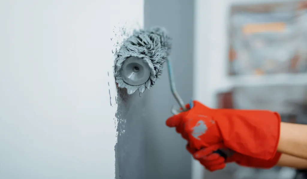 En person med röda skyddshandskar målar en vägg med en grå färgroller. Väggen får ett nytt lager färg i en neutral ton. Bilden illustrerar praktiskt arbete inom målare komvuxutbildning, där färdighetsträning och yrkesförberedelse står i fokus.