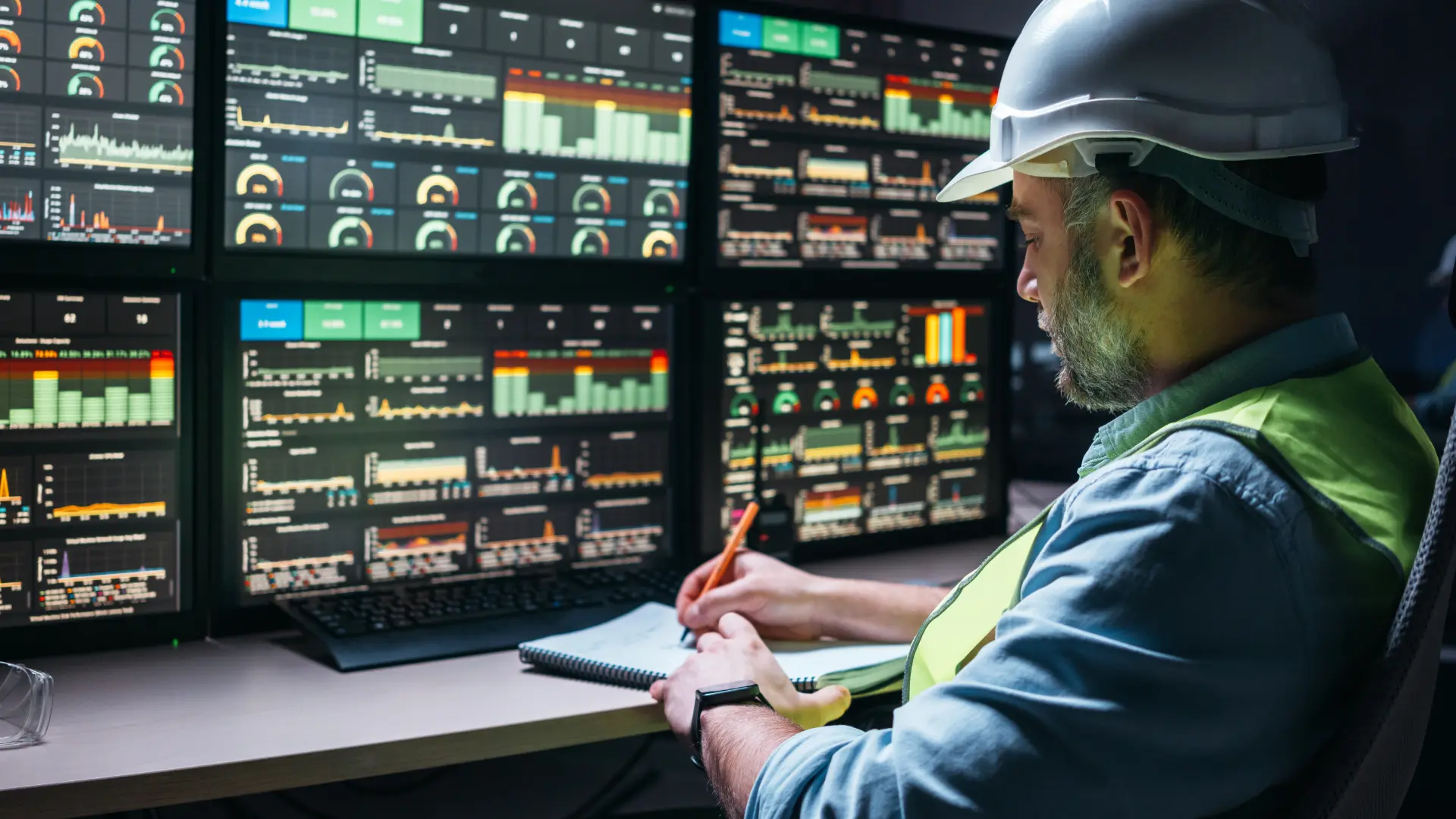En processoperatör med reflexväst och hjälm antecknar i ett block framför flera övervakningsskärmar fyllda med färgglada diagram och data. Personen analyserar industriella processer i ett modernt kontrollrum. Bilden är framtagen med AI.