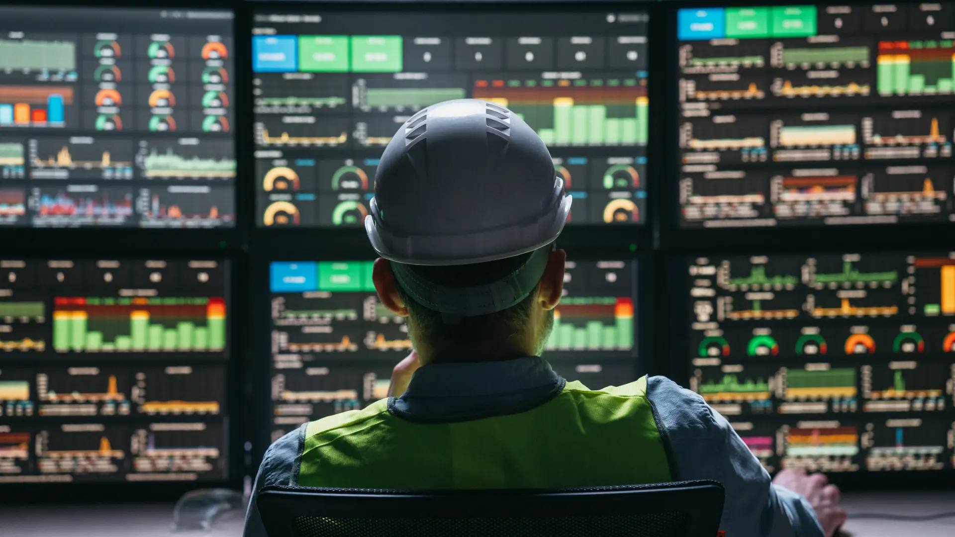 En processoperatör i skyddshjälm och reflexväst övervakar flera datorskärmar fyllda med grafer, mätvärden och analyser i ett kontrollrum. Personen hanterar industriella processer i realtid, med fokus på effektivitet och säkerhet. Bilden är framtagen med AI.