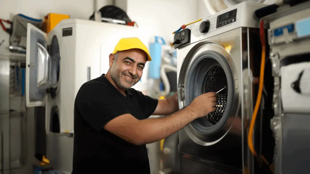 En servicetekniker i svart t-shirt och gul keps arbetar leende med att reparera en tvättmaskin i en teknisk verkstadsmiljö. Han använder ett verktyg för att justera trumman och är omgiven av hushållsapparater. Bilden visar yrkespraktik i verklig miljö, kopplad till nationell yrkesutbildning.