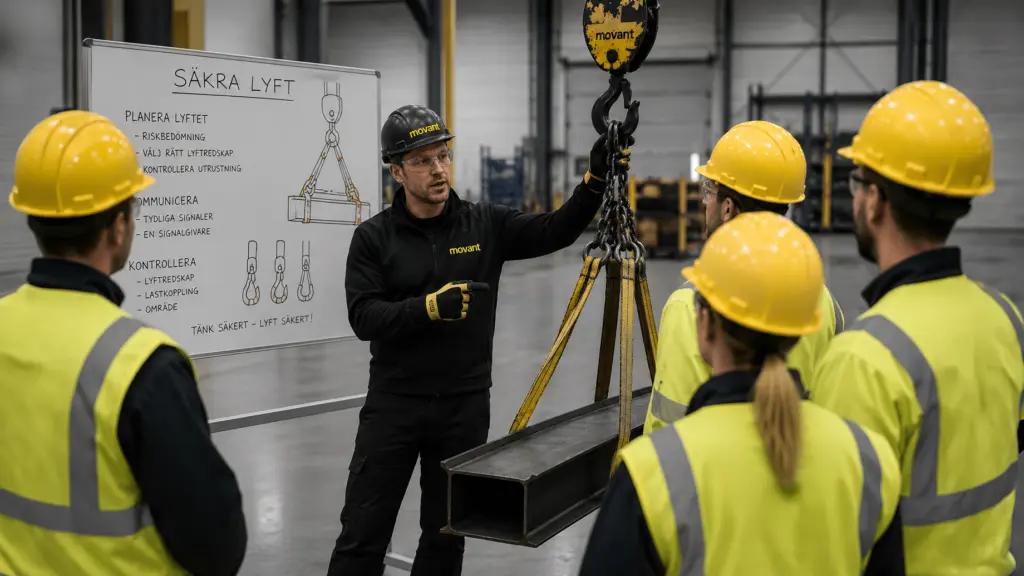 En instruktör demonstrerar korrekt användning av lyftredskap under en säkra lyft utbildning medan deltagarna följer genomgången i en industriell miljö. Fokus ligger på riskbedömning, lastkoppling, kommunikation och säker hantering av tunga laster för att skapa en trygg arbetsplats och minska risken för olyckor. Denna bild är skapad med hjälp av AI.