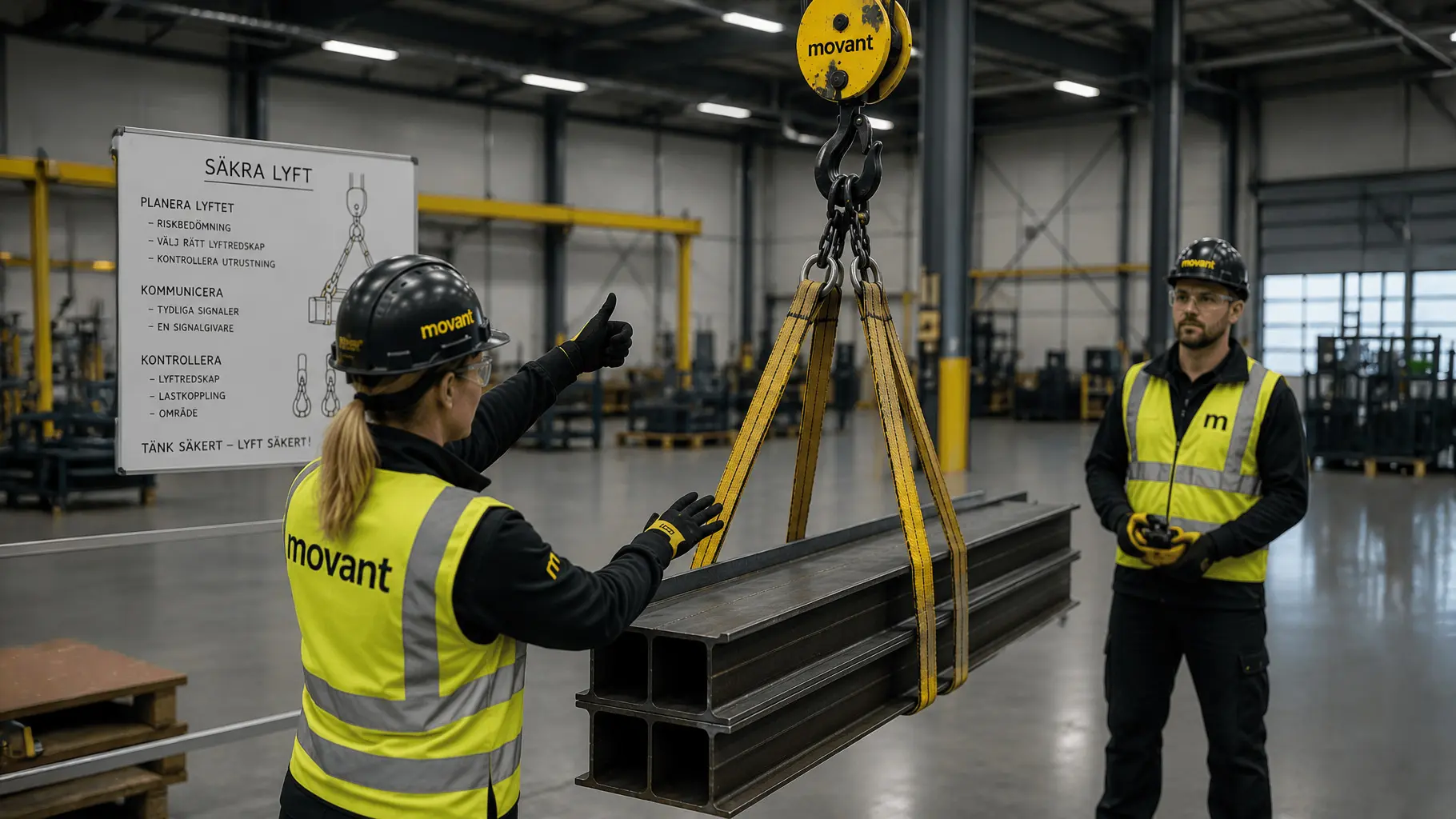Två deltagare genomför praktiska moment under en säkra lyft utbildning i industriell miljö. Med rätt lyftredskap, tydlig kommunikation och säkerhetsrutiner hanteras tunga stålbalkar på ett kontrollerat sätt. Bilden illustrerar riskbedömning, samarbete och säker materialhantering för att förebygga olyckor på arbetsplatsen. Denna bild är skapad med hjälp av AI.