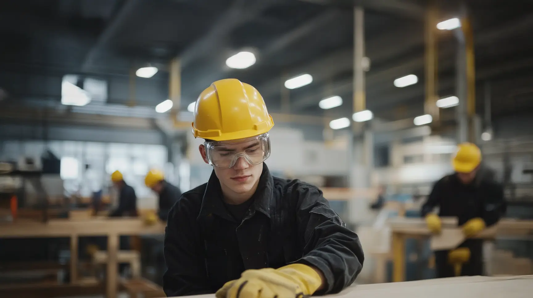 En ung man med skyddshjälm och glasögon arbetar koncentrerat i en modern verkstadsmiljö. Flera personer i bakgrunden utför liknande uppgifter. Bilden visar en praktisk utbildningssituation med fokus på yrkesskicklighet och säkerhet vid Movant i Kalmar. Denna bild är framtagen med hjälp av AI.
