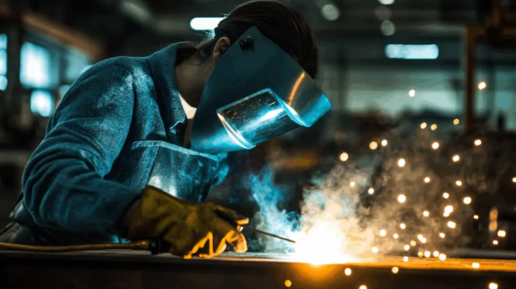 Närbild på en person i svetsare utbildning som svetsar med visir och skyddsutrustning i en industriell miljö. Ljusbågen lyser upp rök och gnistor – en intensiv och realistisk skildring av yrkets vardag.