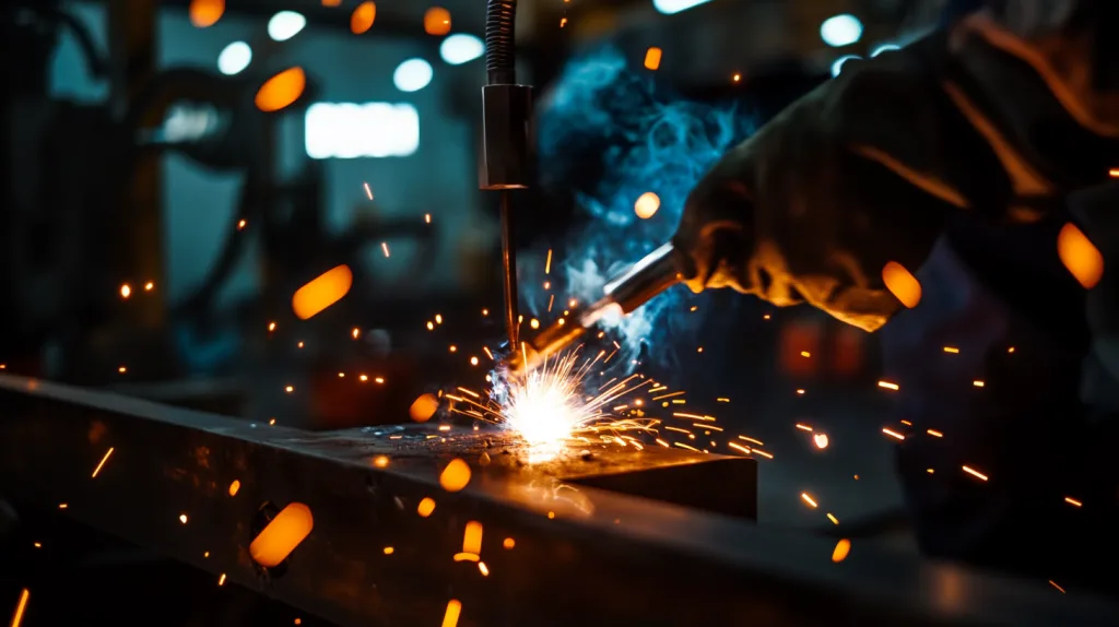 Närbild från en svetsare utbildning där en elev arbetar med svetspistol i verkstadsmiljö. Ljusstarka gnistor och glödpartiklar flyger genom luften medan metallen sammanfogas – ett tydligt uttryck för yrkets precision och intensitet.