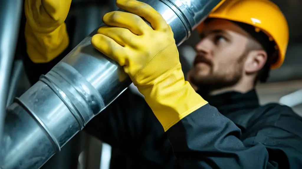 En ventilationstekniker iförd gula skyddshandskar och hjälm arbetar koncentrerat med att montera ett metalliskt ventilationsrör. Bilden visar tekniskt hantverk i en industriell miljö med fokus på säkerhet, noggrannhet och yrkeskunskap inom ventilationsteknik. Bilden är framtagen av AI.