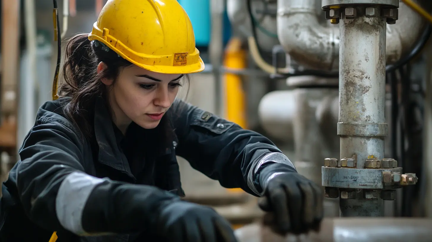 En kvinna med gul skyddshjälm och svarta yrkeskläder arbetar fokuserat med ett rörsystem i en industriell miljö. Bilden illustrerar den typ av praktisk och yrkesnära träning som erbjuds inom VVS och fastighet hos Movant i Oskarshamn. Denna bild är framtagen med hjälp av AI.