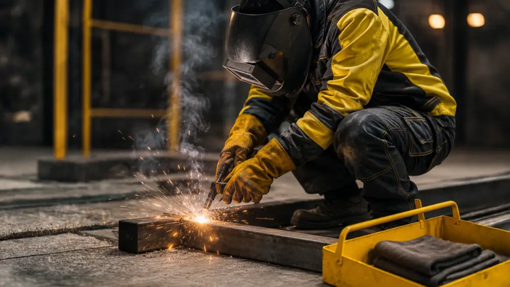 En person utför ett värmealstrande arbete med gnistbildning och hög temperatur i en industriell miljö. Skyddsutrustning, förberedelser och säkerhetsrutiner är centrala delar vid brandfarliga arbeten för att minska risken för brand och olyckor. Bilden illustrerar praktiska moment och säkerhetskrav inom heta arbeten. Denna bild är skapad med hjälp av AI.