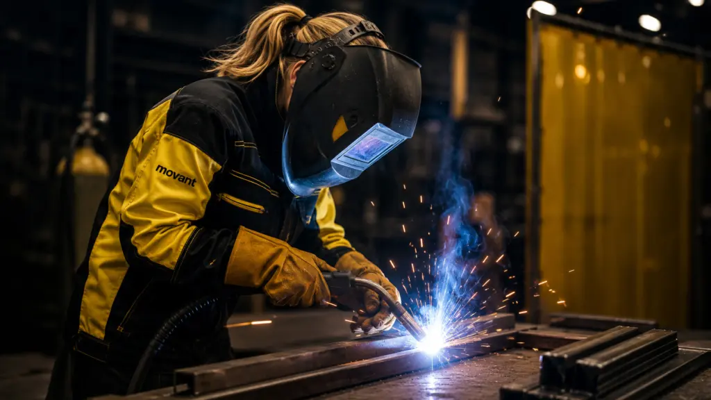 En person utför svetsarbete med full skyddsutrustning i en industriell miljö där gnistor och hög värme uppstår. Bilden illustrerar säkerhetsrutiner, riskmedvetenhet och förebyggande arbete vid brandfarliga arbeten. Den passar utmärkt för information och utbildning inom heta arbeten samt säker hantering av arbetsmoment med ökad brandrisk. Denna bild är skapad med hjälp av AI.