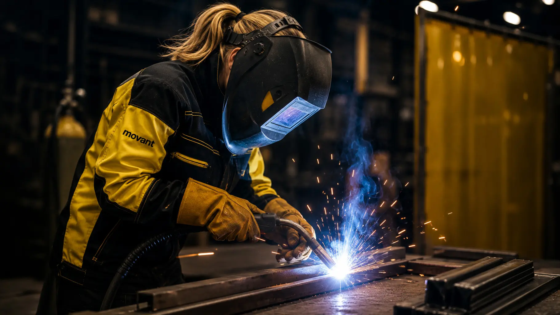 En person utför svetsarbete med full skyddsutrustning i en industriell miljö där gnistor och hög värme uppstår. Bilden illustrerar säkerhetsrutiner, riskmedvetenhet och förebyggande arbete vid brandfarliga arbeten. Den passar utmärkt för information och utbildning inom heta arbeten samt säker hantering av arbetsmoment med ökad brandrisk. Denna bild är skapad med hjälp av AI.