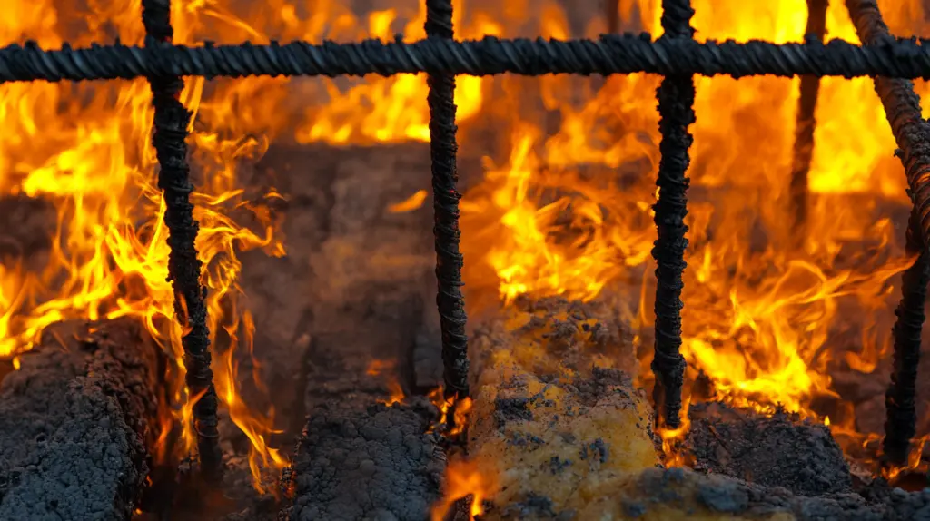 Intensiva lågor omger armeringsjärn i en brinnande byggkonstruktion, med glödande isolering och svartbrända material i förgrunden. Bilden visar de extrema risker som kan uppstå vid heta arbeten och brandfarliga arbeten om rätt säkerhetsrutiner inte följs. Denna bild är skapad med hjälp av AI.