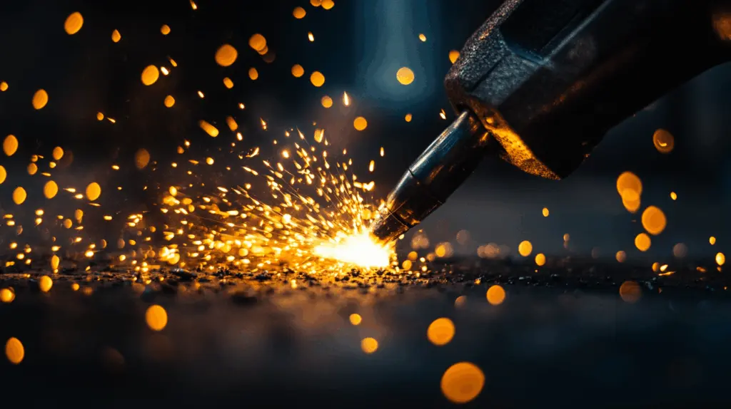 En närbild visar en svets som sprakar mot metall, där intensiva gnistor flyger i mörk industriell miljö. Bilden illustrerar riskfyllda heta arbeten och brandfarliga arbeten med starka kontraster, glödande partiklar och fokus på precision och säkerhet. Denna bild är skapad med hjälp av AI.