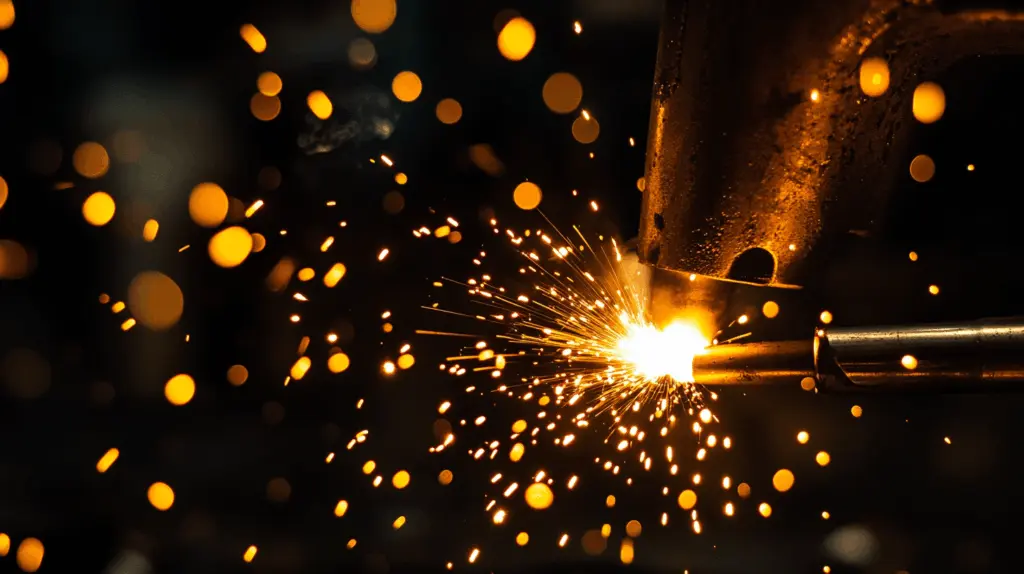En närbild av en svetsprocess där starka gnistor sprakar mot ett metallrör i en mörk verkstadsmiljö. Bilden illustrerar tydligt heta arbeten och brandfarliga arbeten med intensiv värme, ljus och fokus på industriell precision och säkerhet. Denna bild är skapad med hjälp av AI.