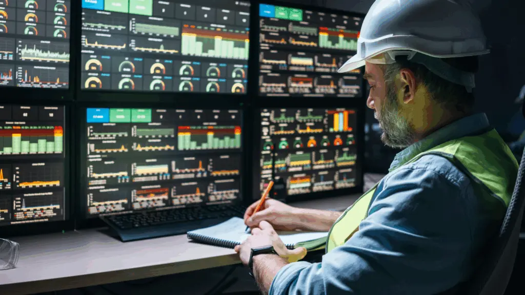Elev inom industriteknik utbildning som övervakar industriprocesser i kontrollrum.