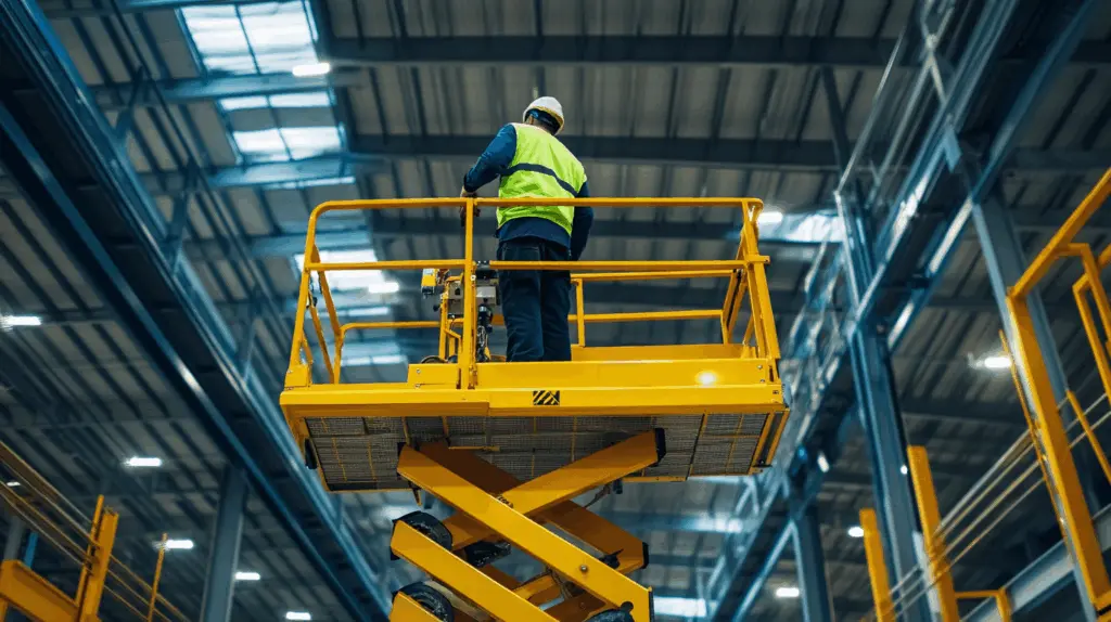 En arbetare står på en saxlift inomhus i en industrilokal, utrustad med hjälm och reflexväst, medan han utför arbete på höjd. Bilden illustrerar säker användning av lyftplattformar och praktiska moment inom liftutbildning. Denna bild är skapad med hjälp av AI.