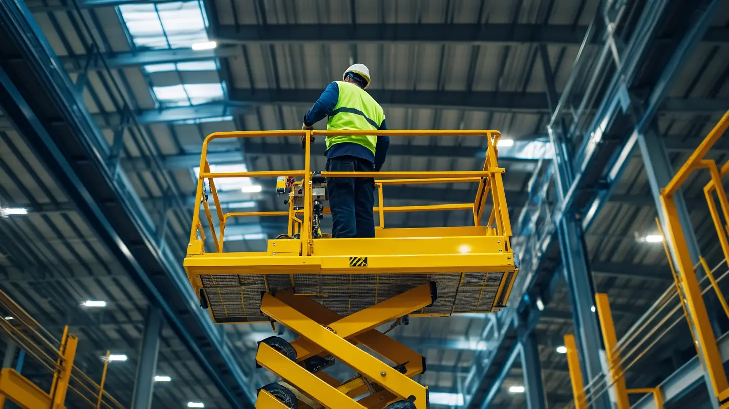 En arbetare står på en saxlift inomhus i en industrilokal, utrustad med hjälm och reflexväst, medan han utför arbete på höjd. Bilden illustrerar säker användning av lyftplattformar och praktiska moment inom liftutbildning. Denna bild är skapad med hjälp av AI.