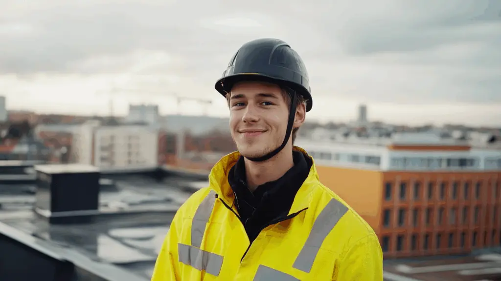 En ung arbetare i gul reflexjacka och skyddshjälm står på ett tak med stadens byggnader i bakgrunden. Hans lugna leende signalerar trygghet, säkerhetstänk och kompetens inom arbete på höjd, vilket tydligt kopplar till fallskyddsutbildning. Denna bild är skapad med hjälp av AI.