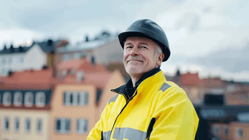 En erfaren arbetare i gul reflexjacka och skyddshjälm står självsäkert med stadsmiljö i bakgrunden. Hans lugna uttryck signalerar trygghet, ansvar och kunskap inom säkerhet på höjd, vilket speglar innehållet i en professionell fallskyddsutbildning. Denna bild är skapad med hjälp av AI.