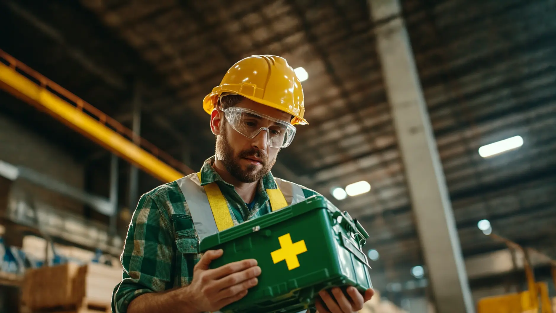 En industriarbetare med gul hjälm och skyddsglasögon håller en grön första hjälpen-låda i en fabriksmiljö. Bilden förmedlar vikten av säkerhet och första hjälpen utbildning på arbetsplatsen, där rätt kunskap och utrustning kan göra avgörande skillnad vid olyckor. Denna bild är skapad med hjälp av AI.