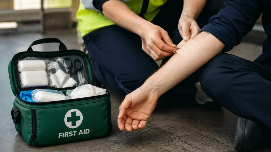 Två personer genomför en praktisk övning där ett sår behandlas med plåster och förbandsmaterial från en första hjälpen-väska. Bilden visar grundläggande moment inom första hjälpen utbildning med fokus på sårvård, akuta insatser och trygg hantering av mindre skador på arbetsplatsen. Denna bild är skapad med hjälp av AI.