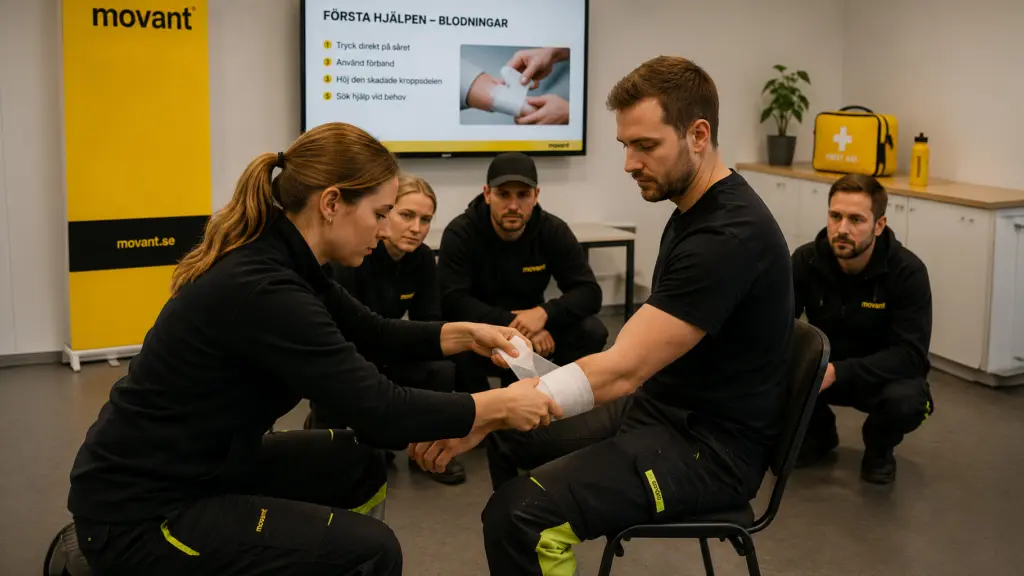 En instruktör visar hur man lägger ett tryckförband under en praktisk första hjälpen utbildning medan deltagarna följer momentet noggrant. Bilden fokuserar på hantering av blödningar, akut omhändertagande och livräddande kunskaper som stärker säkerheten på arbetsplatsen och i vardagen. Denna bild är skapad med hjälp av AI.