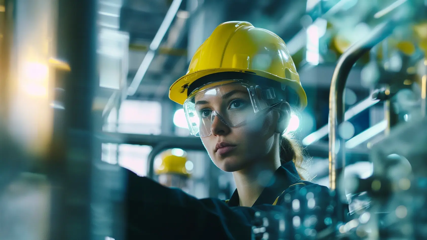 En industritekniker arbetar fokuserat i en högteknologisk industrimiljö med avancerade maskiner och rörsystem. Hon bär gul skyddshjälm och skyddsglasögon för maximal säkerhet under produktionen. Den moderna fabriken är upplyst av stark belysning som framhäver teknik och precision. Denna bild är skapad med hjälp av AI.