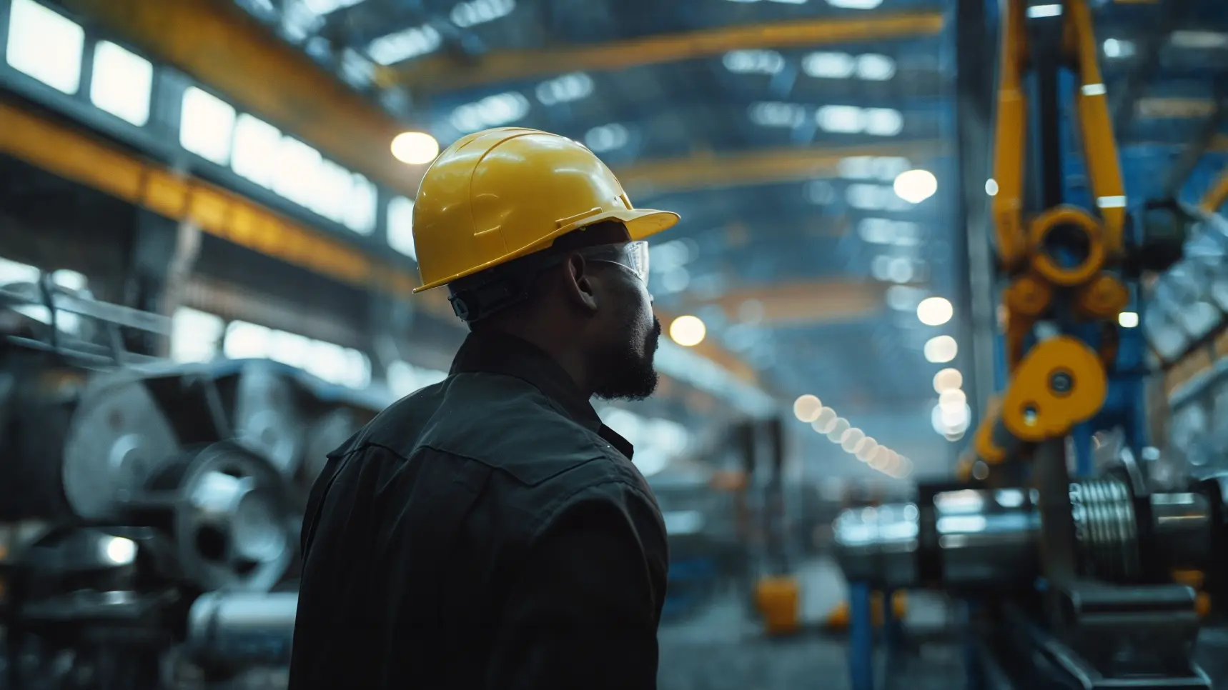 En industritekniker står i en modern fabrikshall och övervakar avancerad maskinutrustning. Han bär gul skyddshjälm och skyddsglasögon, vilket signalerar säkerhet och professionalism inom industriproduktion. I bakgrunden syns stora metallkomponenter och industrirobotar under kraftfull belysning. Denna bild är skapad med hjälp av AI.