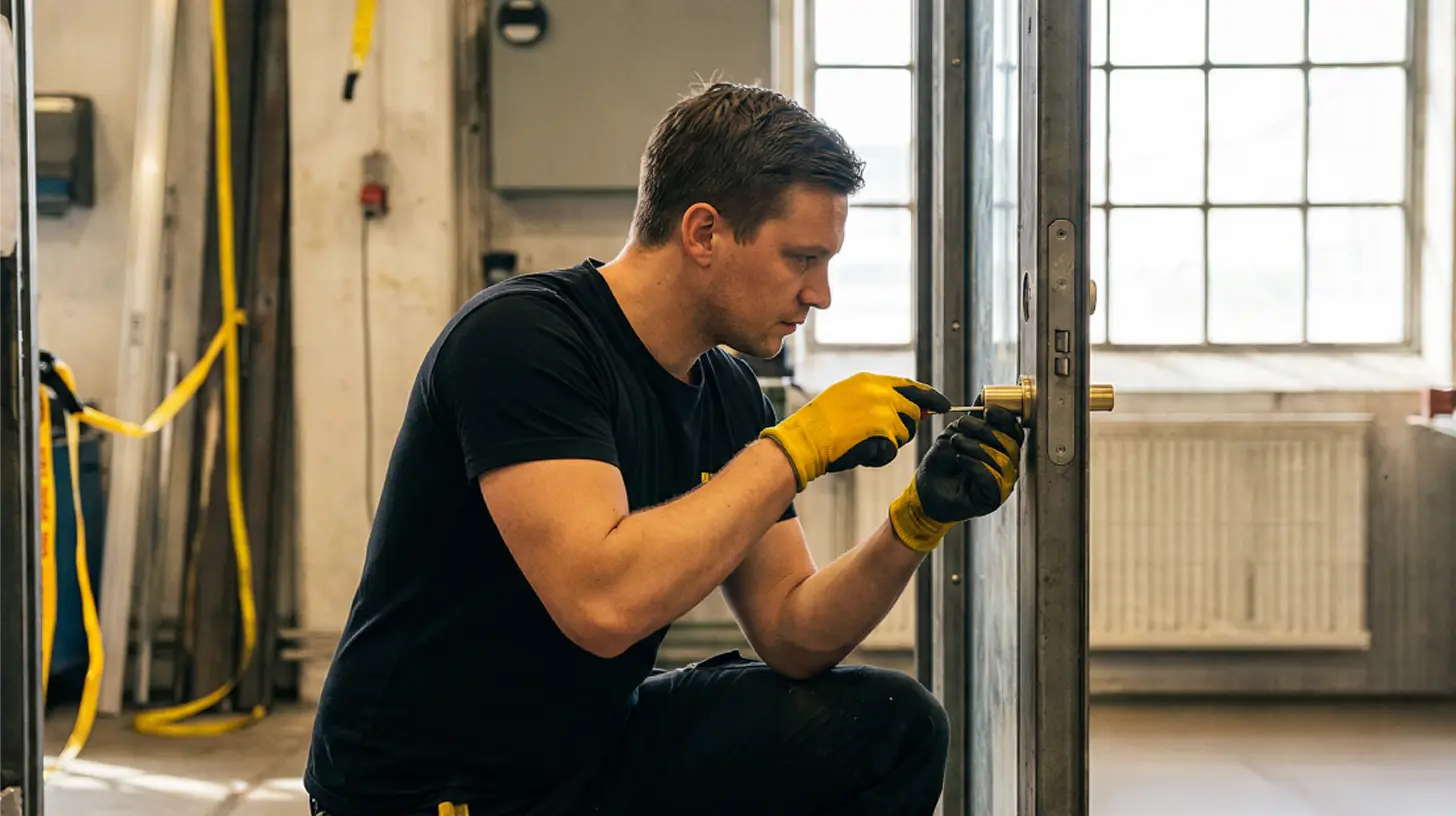 En man arbetar koncentrerat med att montera ett lås i en metallram i en industriell verkstad. Han bär skyddshandskar och använder en skruvmejsel för noggrant justeringsarbete, vilket tydligt illustrerar praktisk låssmed utbildning i en realistisk arbetsmiljö med professionell utrustning. Denna bild är skapad med hjälp av AI.