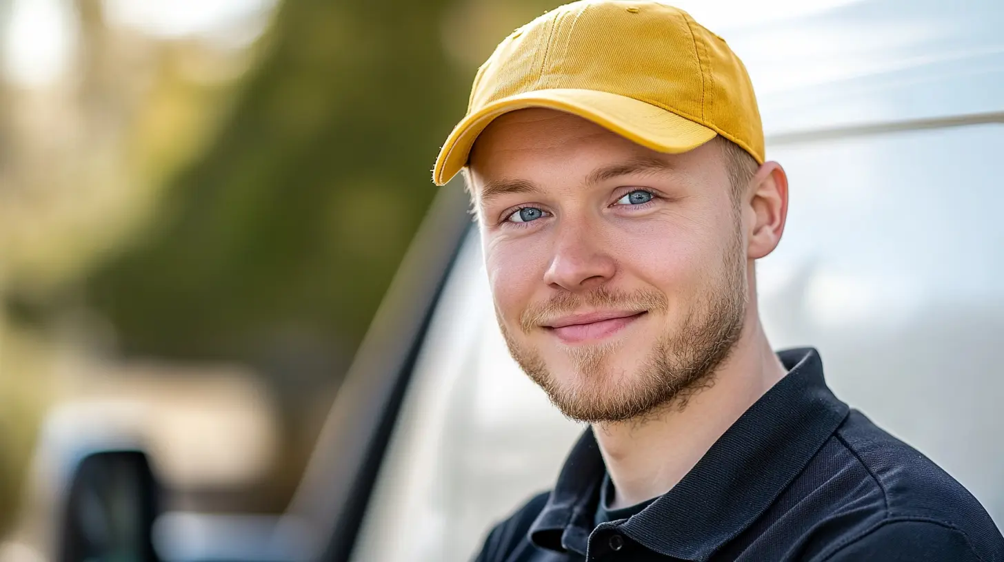 En ung servicetekniker står utomhus framför en servicebil och ler vänligt mot kameran. Han bär gul keps och svart arbetskläder, vilket signalerar professionalism och tillgänglighet inom teknisk service och installation. Bakgrunden är mjukt suddig med naturligt ljus. Denna bild är skapad med hjälp av AI.