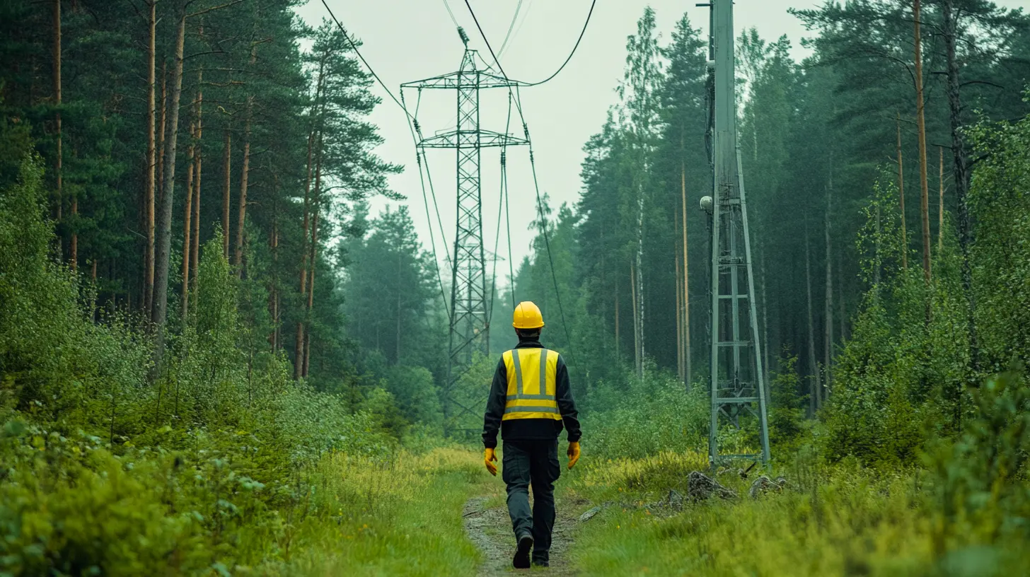 En Distributionselektriker går längs en smal väg i skogen under höga kraftledningar och elmaster. Med hjälm och reflexväst inspekterar teknikern elnätet i en naturlig miljö, vilket visar arbete med drift, säkerhet och underhåll av viktig energiinfrastruktur. Denna bild är skapad med hjälp av AI.