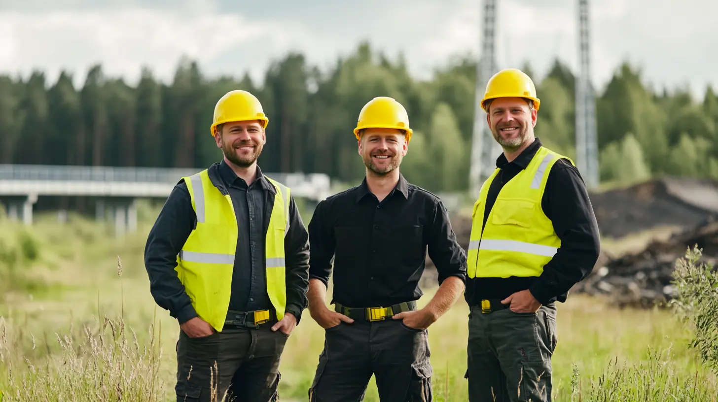 Tre Distributionselektriker står tillsammans på ett arbetsområde utomhus och bär hjälmar och reflexvästar. De representerar ett team som arbetar med installation, planering och underhåll av elnät och energiinfrastruktur i ett modernt projekt. Denna bild är skapad med hjälp av AI.