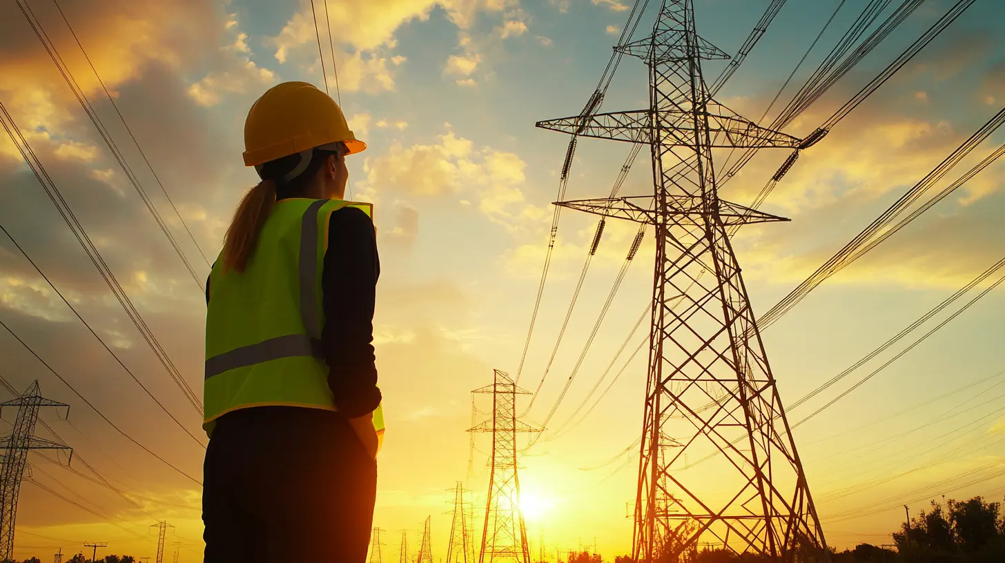 En Distributionselektriker står framför stora kraftledningsmaster i solnedgången och övervakar elnätets infrastruktur. Bilden visar arbete med högspänningsledningar, säkerhetsutrustning och energidistribution i ett öppet landskap med dramatiskt ljus. Denna bild är skapad med hjälp av AI.