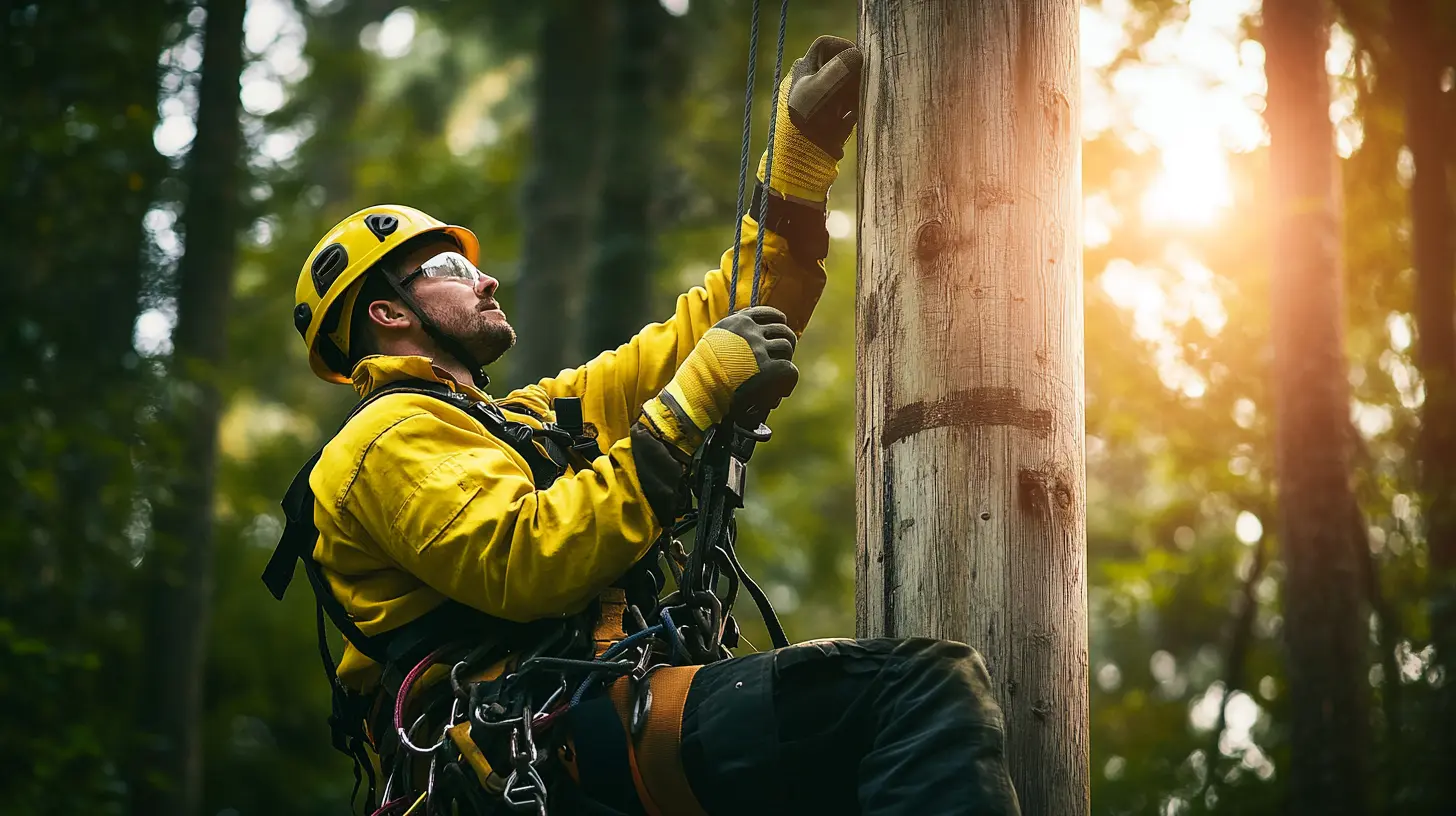 En Distributionselektriker klättrar på en trästolpe i skogen och arbetar med kablar och utrustning. Med sele, hjälm och skyddsutrustning utför teknikern underhåll av elledningar i fält för att säkerställa stabil och säker energidistribution. Denna bild är skapad med hjälp av AI.