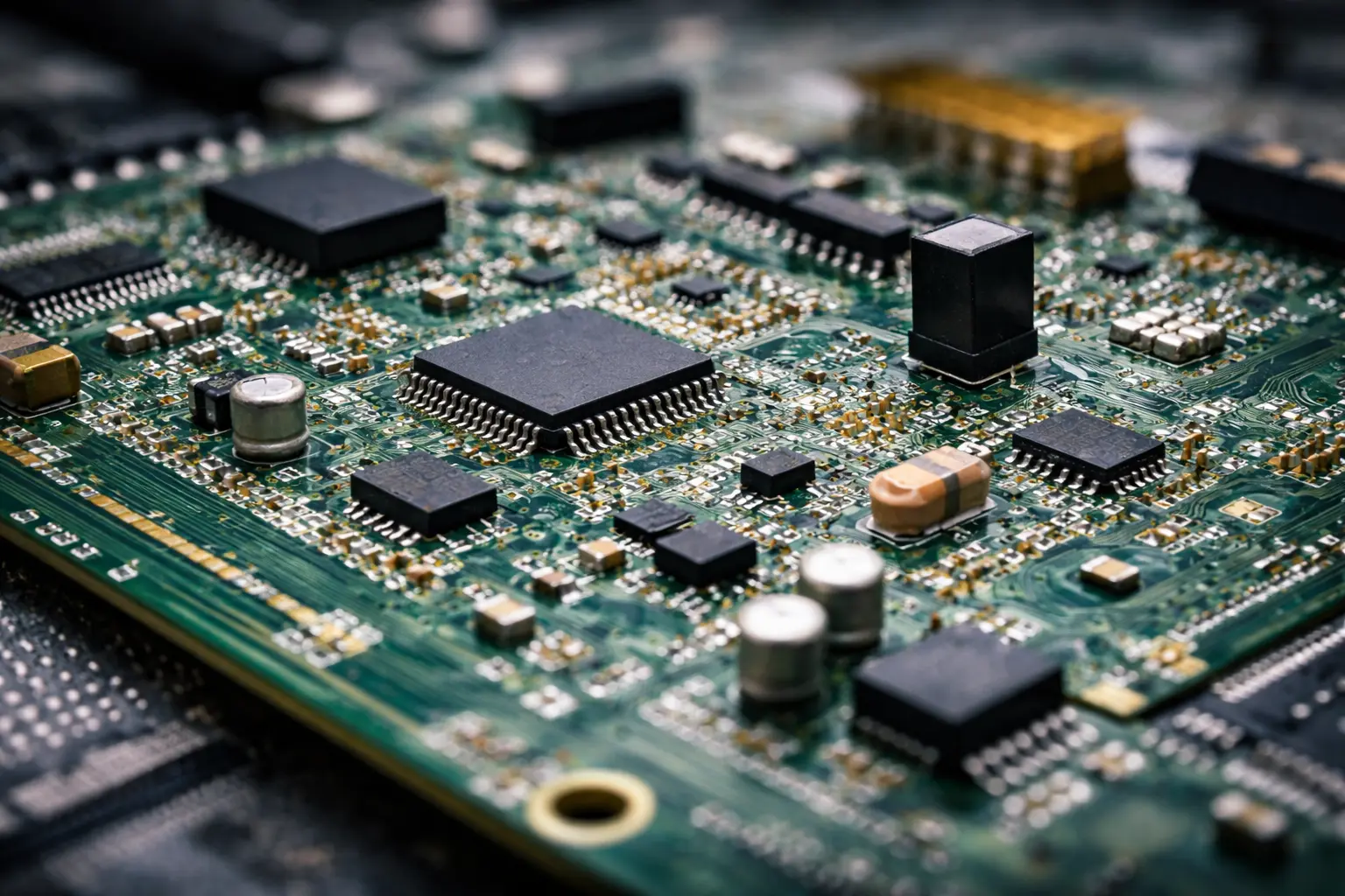 Närbild av ett kretskort med flera elektroniska komponenter som chip, kondensatorer och motstånd. Bilden visar detaljer i lödpunkter och komponentplacering, vilket tydligt speglar precision och kvalitet inom elektronikproduktion och visuell avsyning. Den här bilden är framtagen med hjälp av AI.