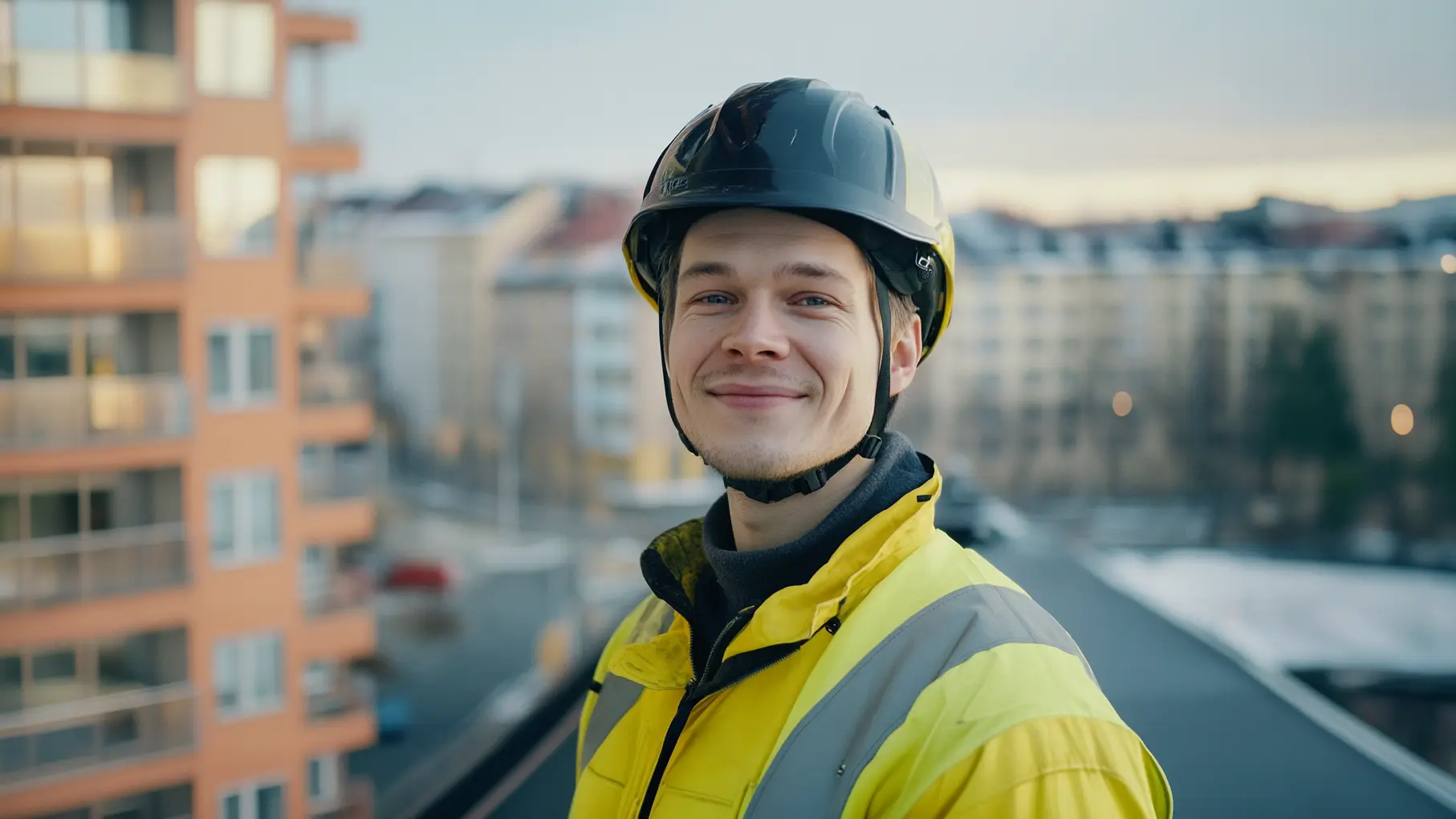 En leende byggarbetare i hjälm och reflexjacka står på en byggarbetsplats i stadsmiljö, med suddiga bostadshus i bakgrunden. Bilden förmedlar professionalism och passar för företagsutbildning och b2b inom bygg- och fastighetsbranschen. Denna bild är skapad med hjälp av AI.