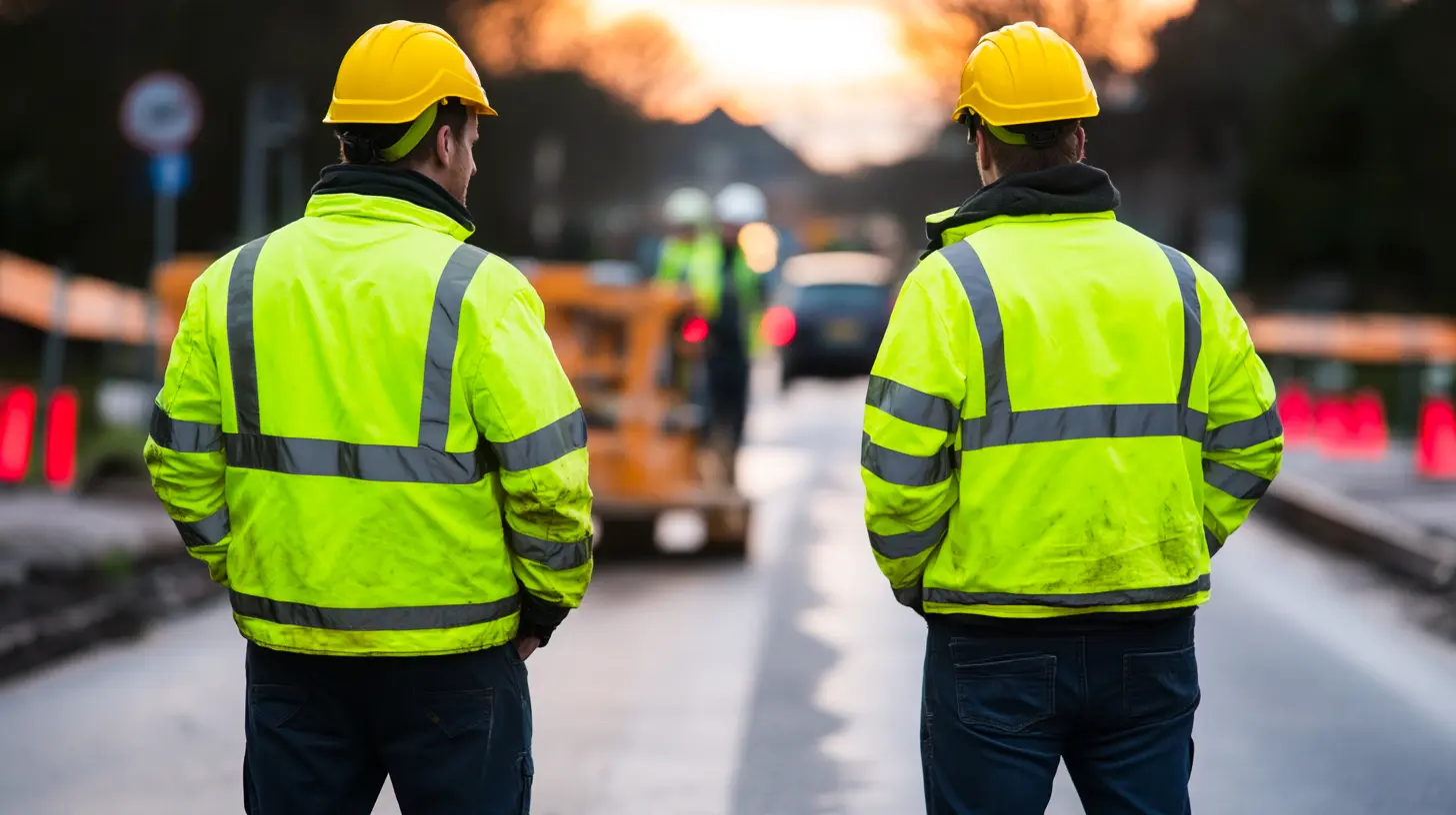 Anläggningsarbetare står med ryggen mot kameran på en avspärrad väg vid solnedgång. Han bär gul hjälm och reflexjacka medan vägarbete och fordon syns suddigt i bakgrunden, vilket skapar en känsla av säkerhet, fokus och pågående arbete. Denna bild är skapad med hjälp av AI.