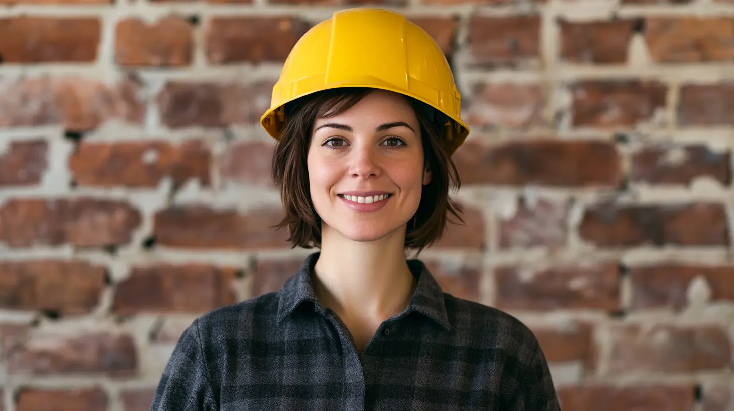 En ung person med gul hjälm står framför en tegelvägg och ler mot kameran, vilket symboliserar yrkesskicklighet och stolthet inom byggbranschen samt möjligheter genom murare lärlingsutbildning i en professionell och inspirerande arbetsmiljö. Denna bild är skapad med hjälp av AI.