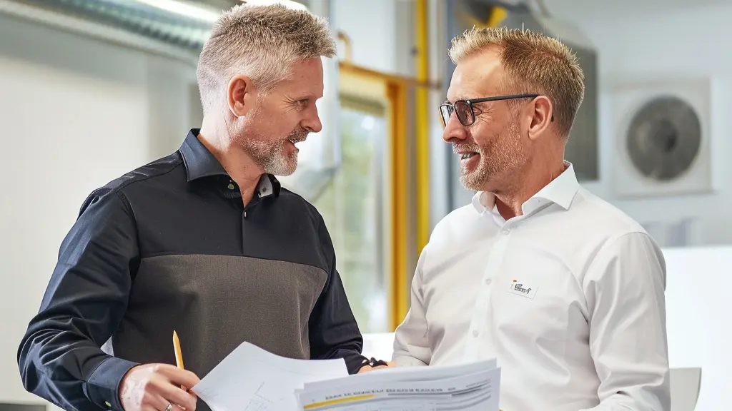 Två professionella män diskuterar dokument och strategier i en modern industrimiljö med fokus på movant, företagsutbildning och b2b. Bilden förmedlar samarbete, kompetensutveckling och affärsrelationer mellan företag inom teknik och industri i en ljus och innovativ arbetsmiljö. Denna bild är skapad med hjälp av AI.
