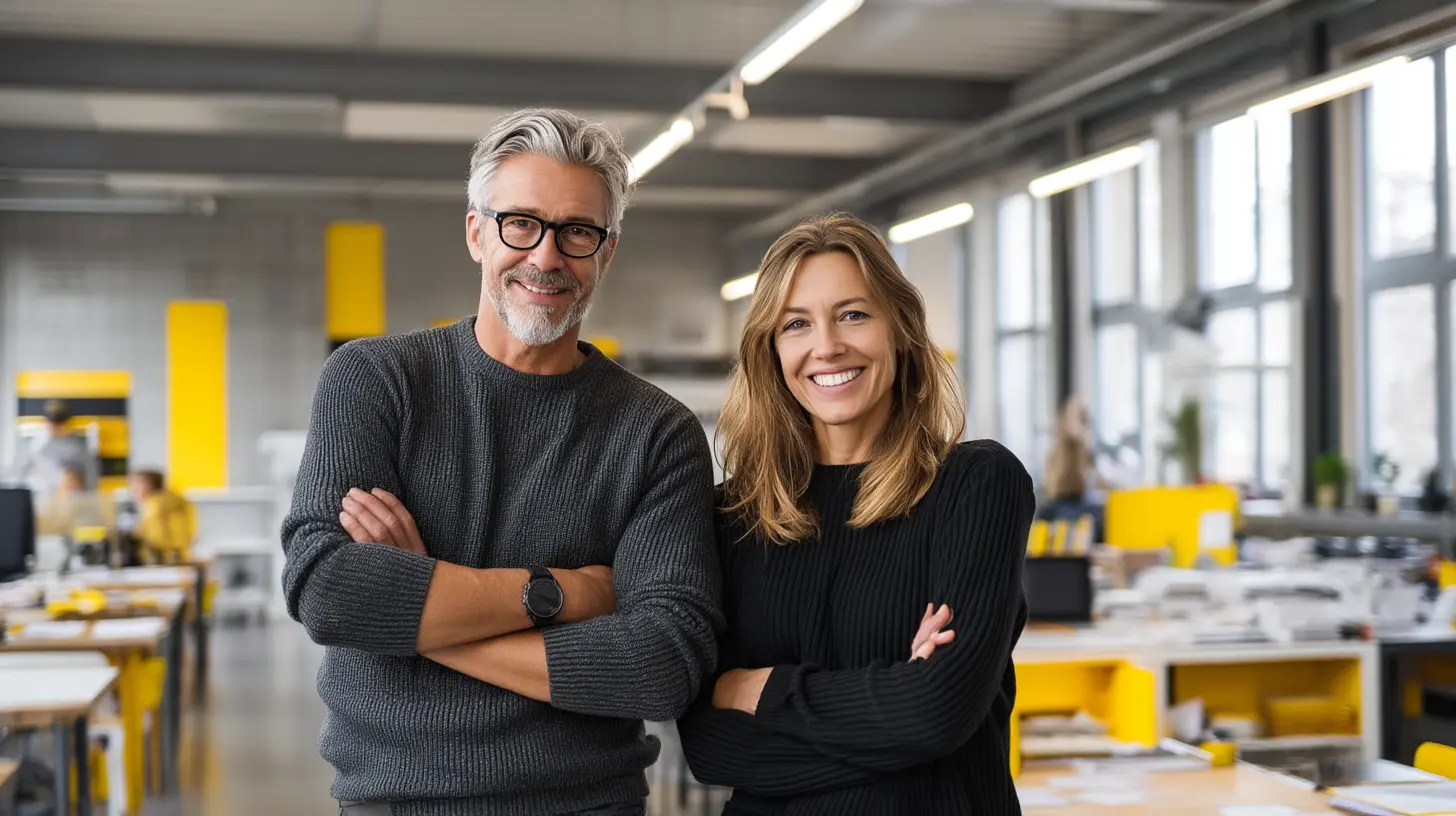 Två självsäkra kollegor står tillsammans i ett modernt kontorslandskap med fokus på samarbete, ledarskap och professionell utveckling. Bilden passar för kommunikation inom företagsutbildning, b2b och kompetensutveckling där erfarenhet, innovation och stark företagskultur lyfts fram i en inspirerande arbetsmiljö. Denna bild är skapad med hjälp av AI.