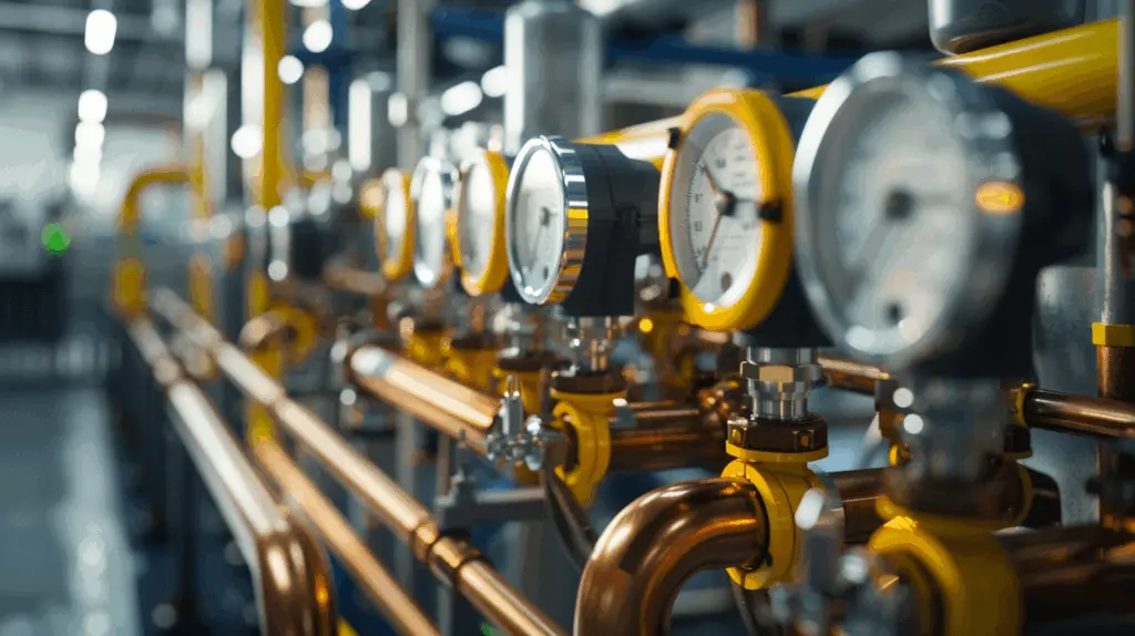 Modern industrimiljö med kopparrör, tryckmätare och avancerade ventilationssystem i fokus. Bilden visar teknisk precision och energieffektiv infrastruktur i en fabrik eller produktionsanläggning. De gula detaljerna och den mjuka bakgrunden skapar ett professionellt och högteknologiskt intryck. Denna bild är skapad med hjälp av AI.