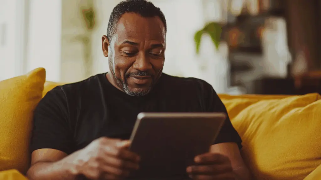 En leende man sitter bekvämt i en gul soffa och använder en surfplatta i ett varmt och hemtrevligt vardagsrum. Bilden förmedlar en avslappnad känsla med mjukt ljus, modern inredning och fokus på digital teknik i vardagen. Denna bild är skapad med hjälp av AI.