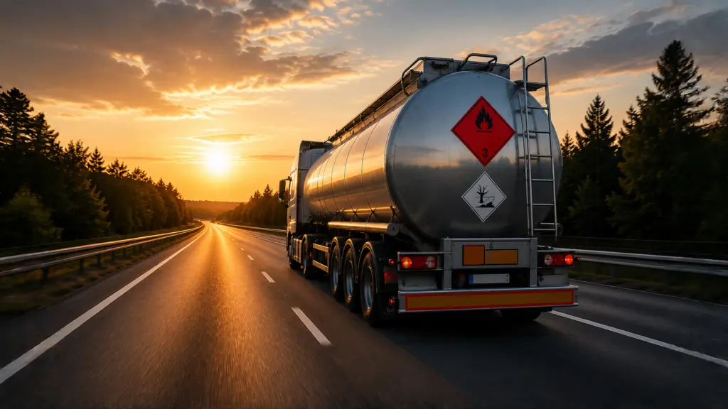En tankbil transporterar farligt gods på en öppen landsväg i solnedgångens varma ljus. Tydliga ADR-skyltar markerar brandfarliga och miljöfarliga ämnen, vilket understryker vikten av säker transport och regeluppfyllelse. Bilden passar för information om adr utbildning och kunskapskraven inom adr 1.3. Denna bild är skapad med hjälp av AI.