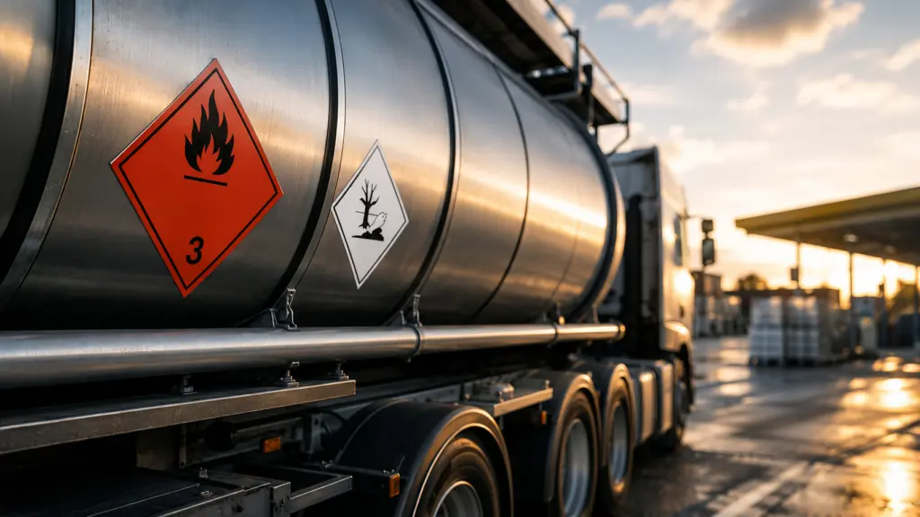 En tankbil för transport av farligt gods står vid en terminal i kvällsljus, tydligt märkt med varningssymboler för brandfarliga och miljöfarliga ämnen. Bilden illustrerar säker hantering, regelverk och kompetenskrav inom adr utbildning samt vikten av adr 1.3 för personal och verksamheter. Denna bild är skapad med hjälp av AI.