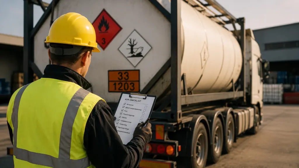 En medarbetare i skyddsutrustning genomför kontroll av en tankbil märkt för transport av farligt gods. Bilden visar praktiska säkerhetsrutiner, dokumentation och regelefterlevnad inom adr utbildning. Den belyser även kunskapskraven och ansvaret som ingår i adr 1.3. Denna bild är skapad med hjälp av AI.