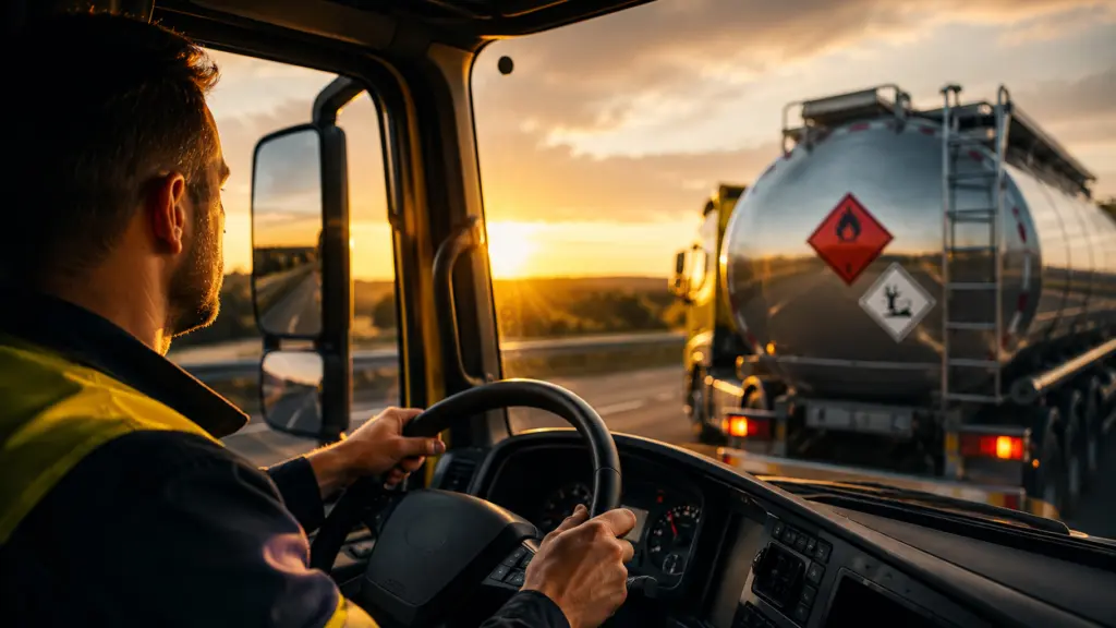 En förare transporterar farligt gods på väg i en tankbil tydligt märkt med ADR-skyltar och varningssymboler. Bilden illustrerar säker transport, riskmedvetenhet och ansvarsfull hantering enligt gällande regelverk. Den passar för information om adr utbildning och kompetenskraven inom adr 1.3. Denna bild är skapad med hjälp av AI.