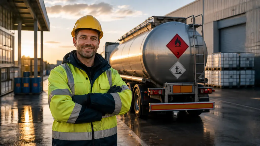 En medarbetare i skyddsutrustning står framför en tankbil för transport av farligt gods vid en industri- och logistikanläggning. De tydliga ADR-märkningarna betonar säkerhet, ansvar och efterlevnad av regelverk. Bilden passar för information om adr utbildning och kompetensutveckling enligt adr 1.3 inom transport och hantering av farliga ämnen. Denna bild är skapad med hjälp av AI.