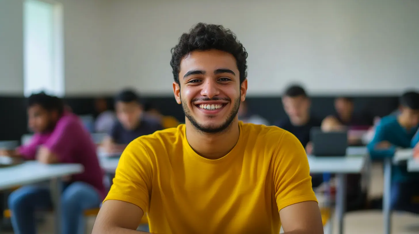 En leende elev sitter i ett klassrum och blickar mot kameran medan andra studerande arbetar fokuserat i bakgrunden. Den ljusa lärmiljön förmedlar gemenskap, motivation och studiero, med fokus på utbildning, kunskapsutveckling och en positiv skolvardag. Denna bild är skapad med hjälp av AI.
